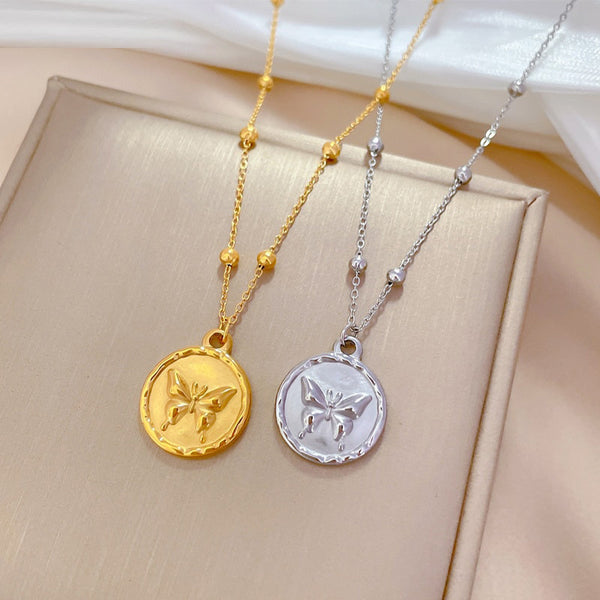 Gold Plated Fashion Punk Geometric Circle Butterfly Pendant Neckalce For Women