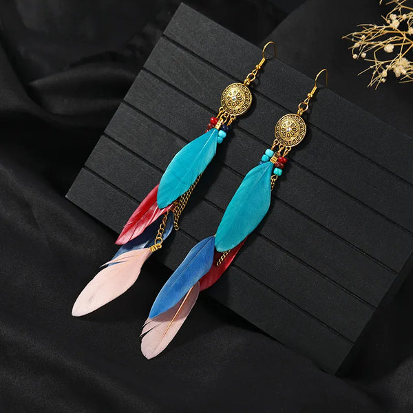 Bohemian Vintage Long Feather Chain Dangle Earrings for Women