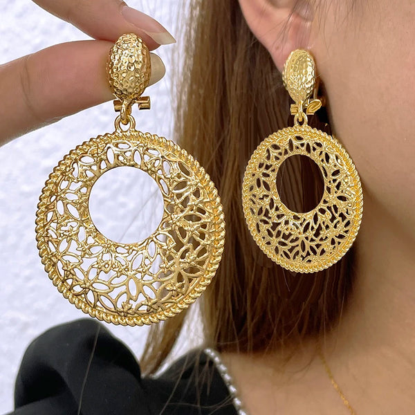 Latest Two Tone Hollow Out Round Drop Earrings Wedding Party Gift