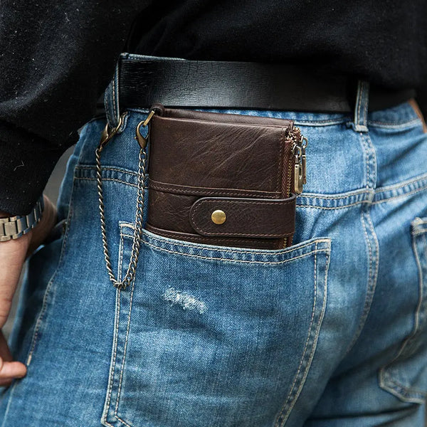 Short Wallet Men Genuine Leather Zipper Coin Pocket