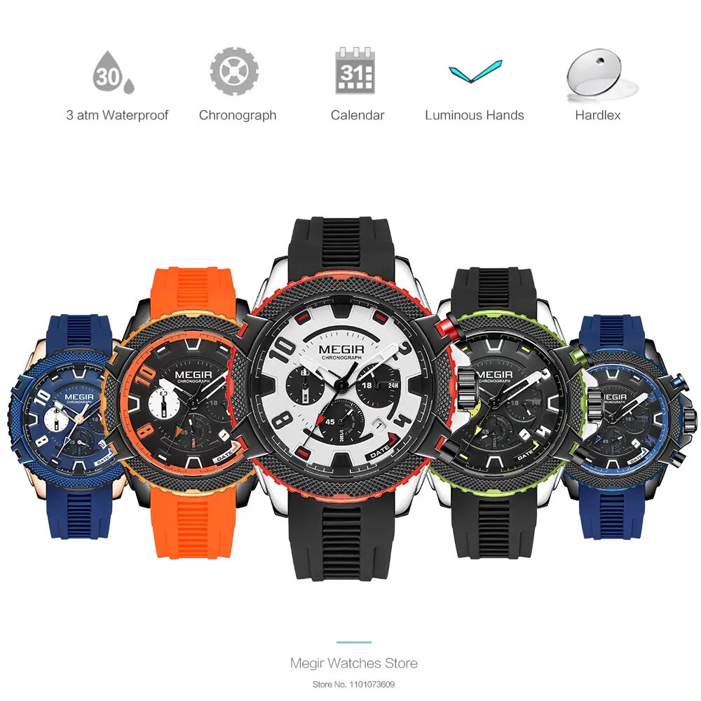 Fashion Watch for Men Orange Silicone Strap Sport Chronograph Quartz Wristwatch