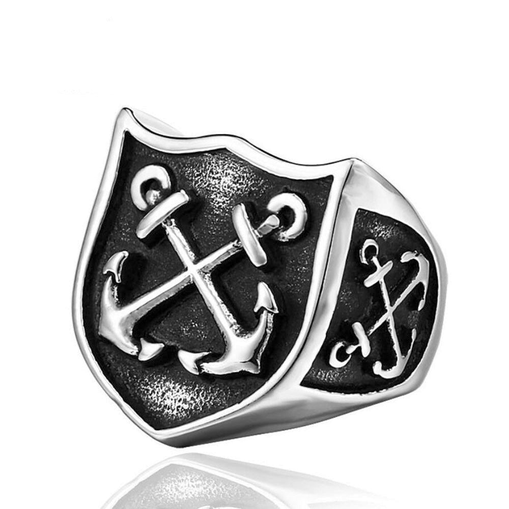 Vintage Men Viking Anchor Ring Unique Pirate Shield Anchor Biker Ring