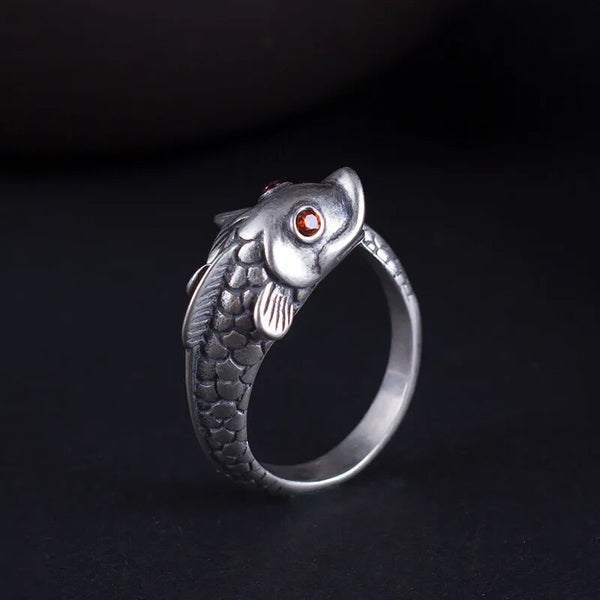 Vintage Red Eyes 925 Sterling Silver Koi Adjustable Ring For Men Women