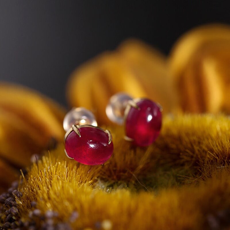 Classic Original New Silver Inlaid Oval Ruby Stud Earrings