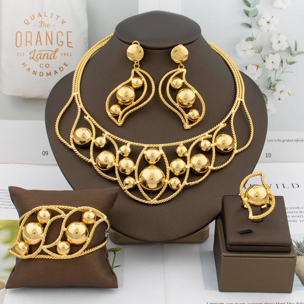 Fashion Gold Plated African Necklace Earrings Lady Bracelet Ring Jewelry Set