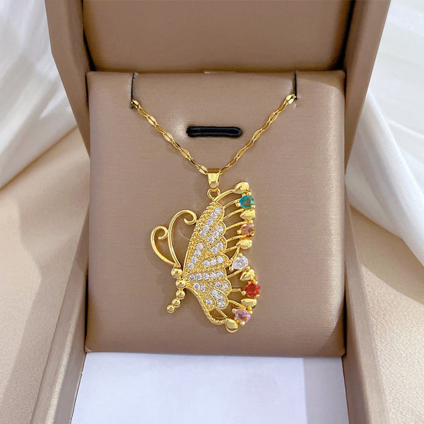 Gold Plated Colorful Rhinestone Butterfly Big Pendant Neckalce For Women