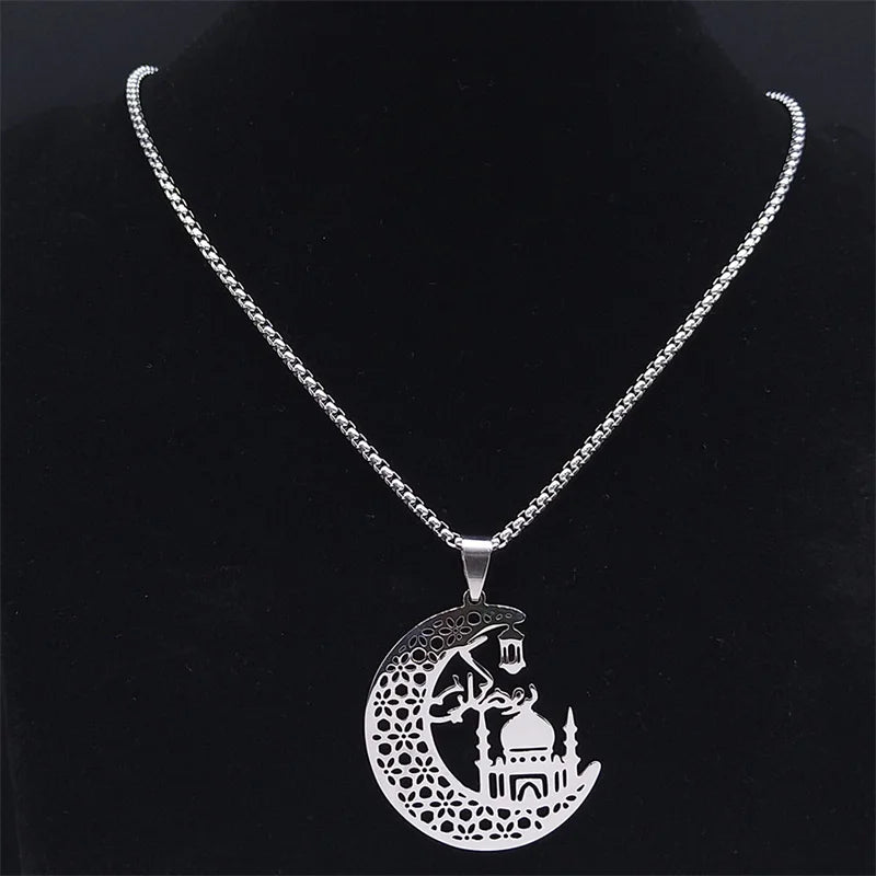 Islamic Mosque Muslim Necklace Stainless Steel Crescent Moon Quran Islam Necklaces