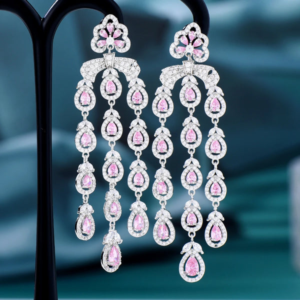 Indian Luxury Cubic Zircon CZ Long Dangle Pearl Tassel Earrings for Women