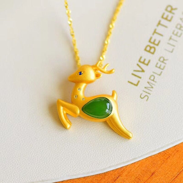 Original Design Inlaid Natural Hetian Chalcedony Fawn Pendant Necklace