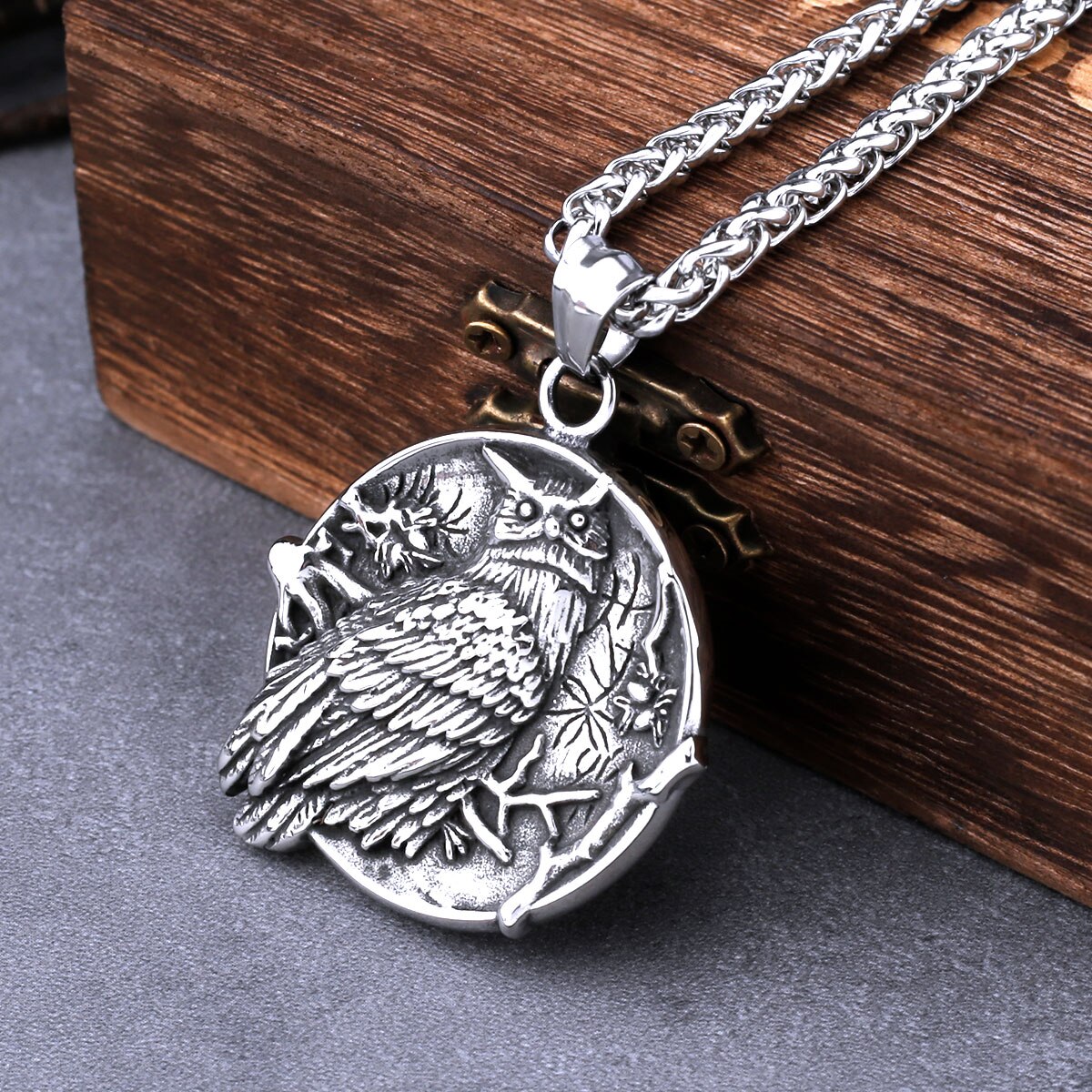 Vintage Nordic Viking Compass Rune Owl Necklace Men's