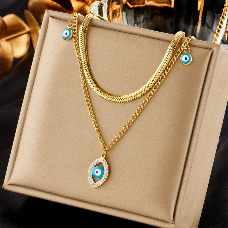 316L Stainless Steel Butterfly Moon Lock Blue Eyes Pendant Necklace For Women