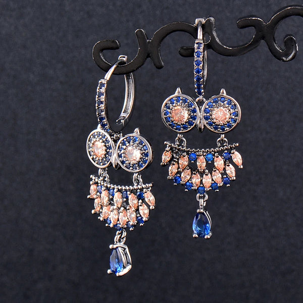 retro blue brown stones owl shaped hoop earrings women