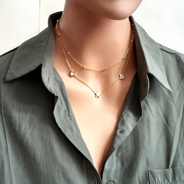 Stainless Steel 2 Layers Necklace For Women Heart Star Shell Choker Gold Color Chain