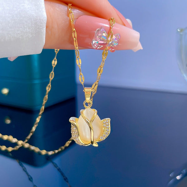 Fashion Opal Lotus Water Drop Pendant Necklace Clavicle Chain Women