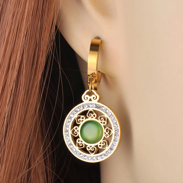 Vintage Green Jade Rhinestone Circular Earrings For Women