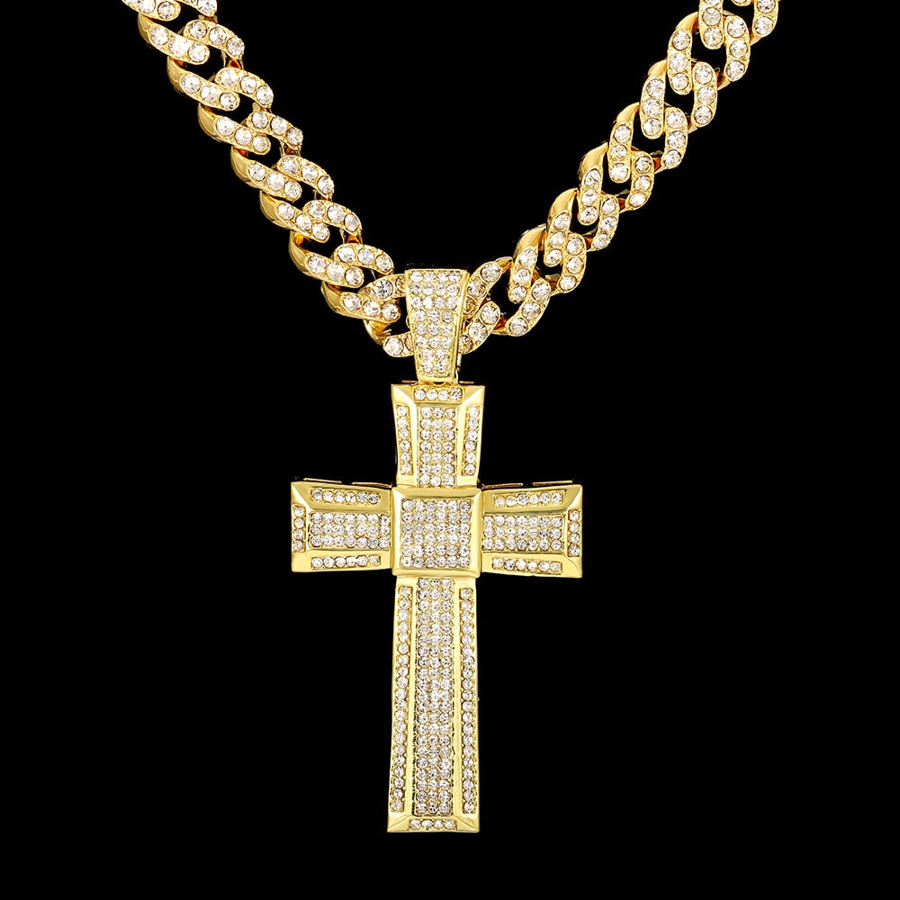 Iced Out Bling Cross Pendant Necklace Men Hip Hop 11Mm Cuban Chain Necklace