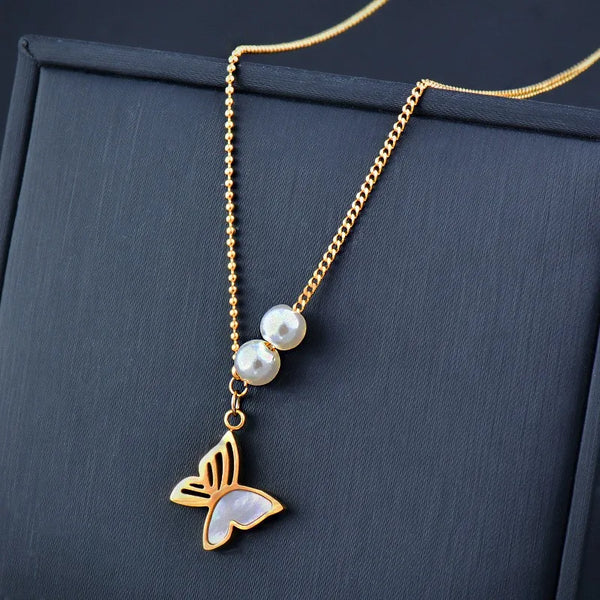 stainless steel white shell butterfly pendant necklace for women gold color choker chains