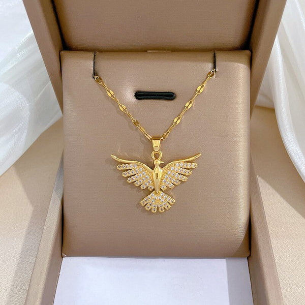 316L Stainless Steel Gold Plated Phoenix Animal Zircon Necklace For Women