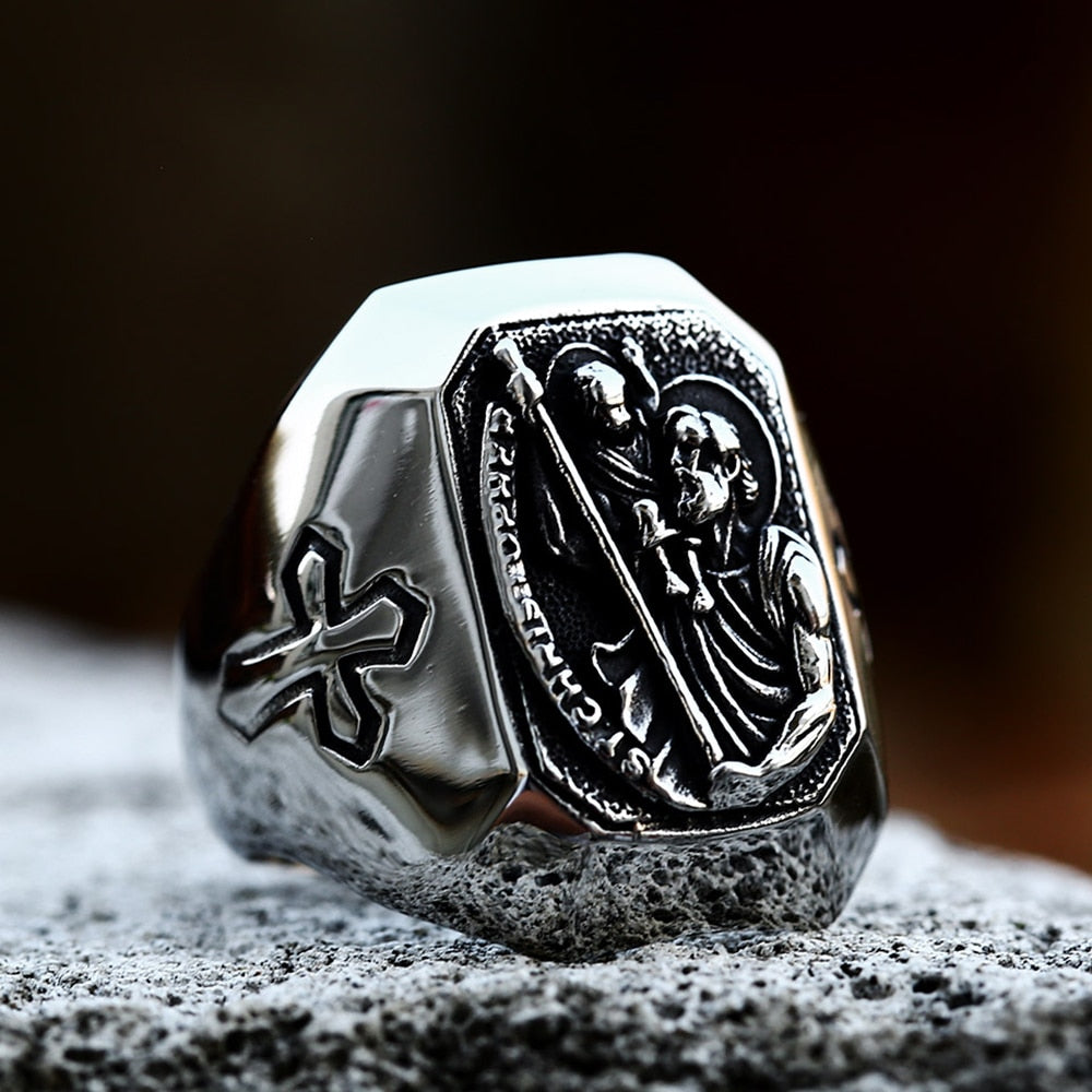 Unique Vintage Stainless Steel St Christopher Cross Fingers Ring For M ...