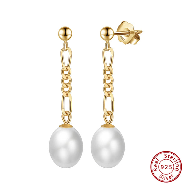 Gold Cultured Freshwater Pearls Dangle Earrings with 925 Sterling Silver Drop Earring