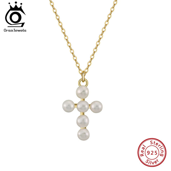 Trendy Cross Pendant Necklace with Freshwater Pearls 925 Sterling Silver for Woman