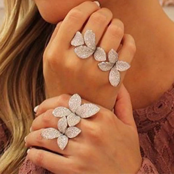 New Noble Luxury Fingers Ring Adjustable Fashion Blooming Flowers Full Shiny Ring