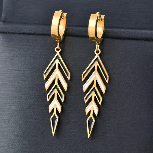 Stainless Steel Black White Enamel Long Leaf Pendant Gold Color Hoop Earrings