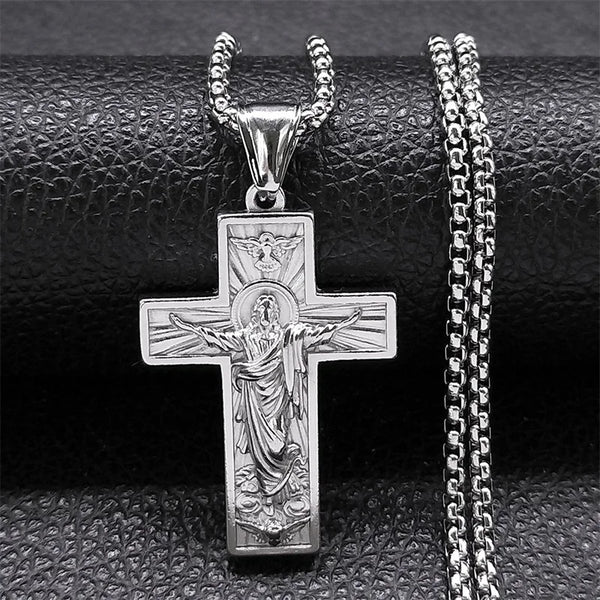 Cross Jesus Necklace Pendant for Men Women Stainless Steel Silver Color