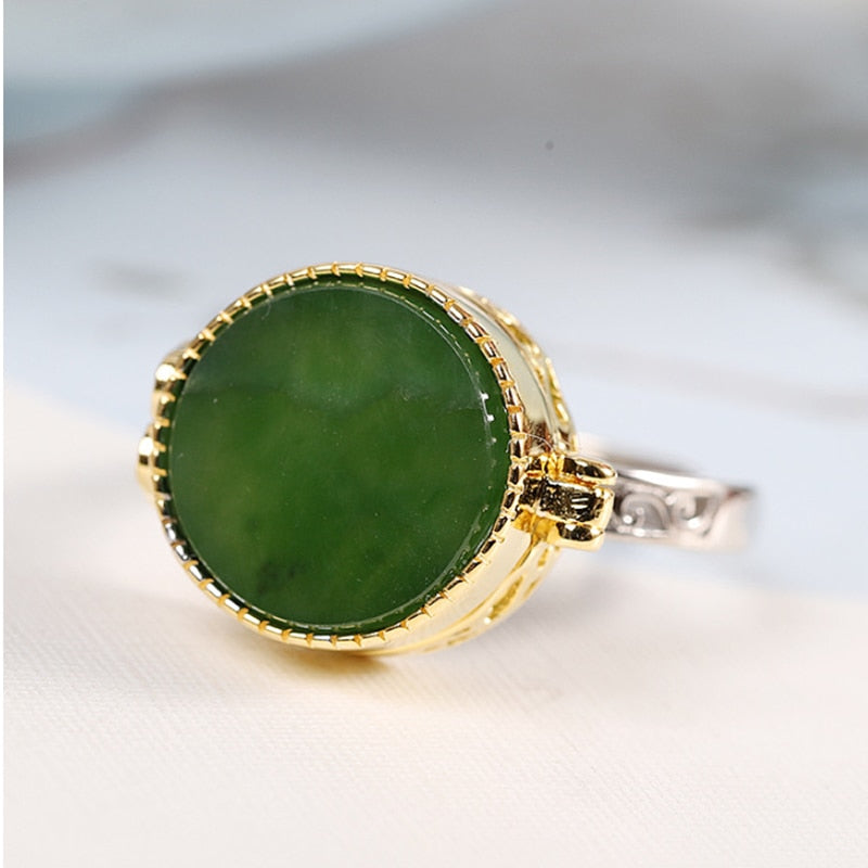 New silver round natural Hetian jasper rings for women