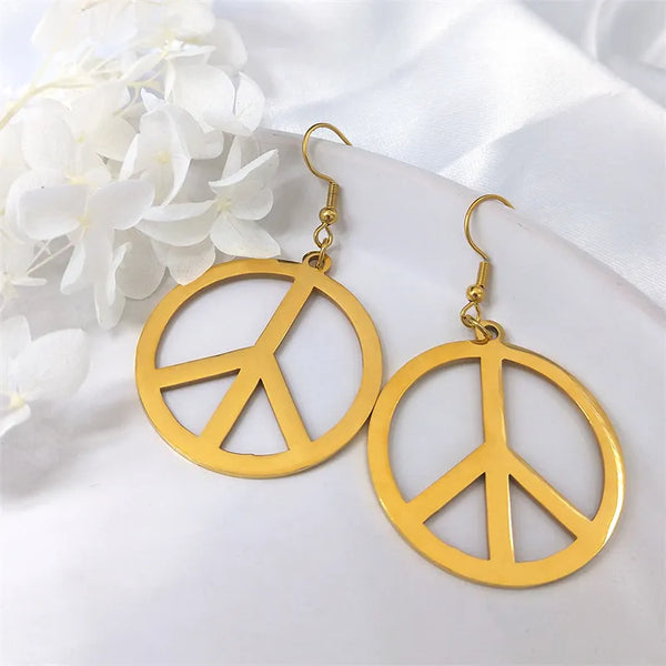 Peace Symbol Drop Earrings for Women Stainless Steel Gold Color Peaceful Match Earrings