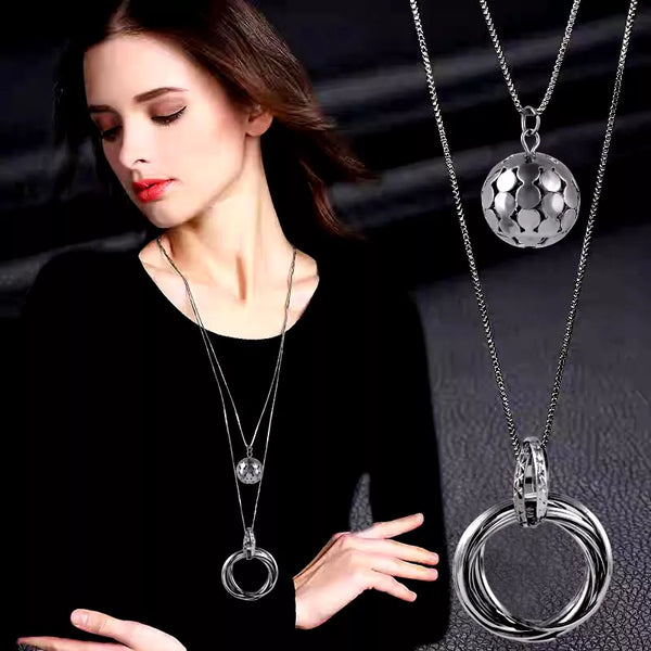 Multilayer Circle Double Chains Pendant Necklace Black Gun Color Metal Ball Long Neckalce