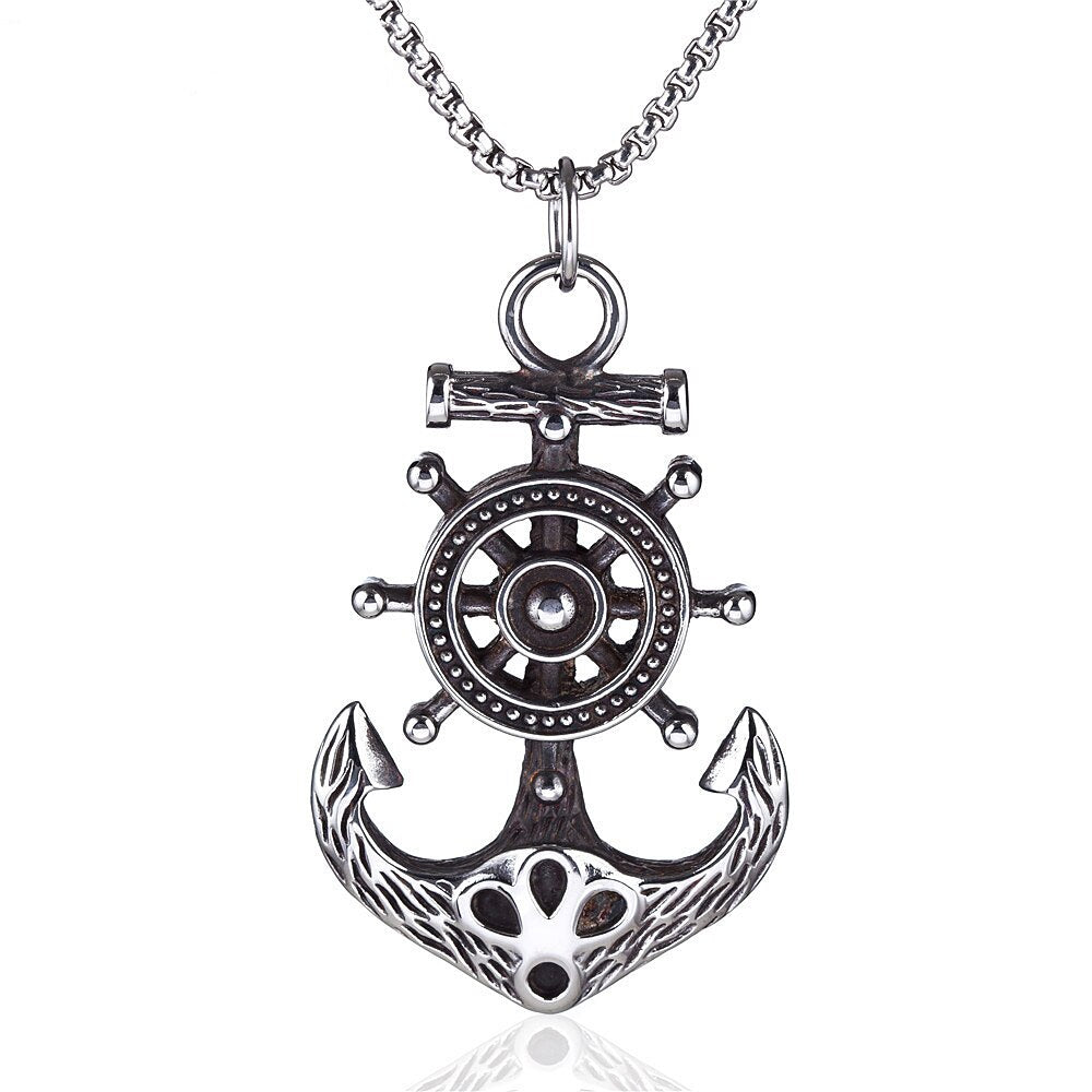 Vintage Viking Compass Pendant Necklace Men's Stainless Steel Viking Anchor Pendant