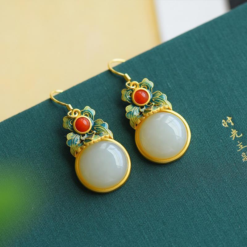 Natural Hetian  jade enamel porcelain Earrings