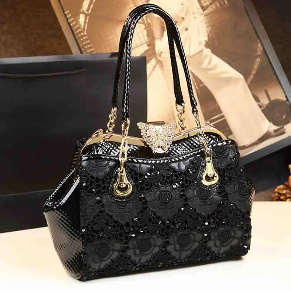 Fashionable Women Top Handle Bag Soft Luxury Patent Leather Lace Sequins Clip Clutch Bag