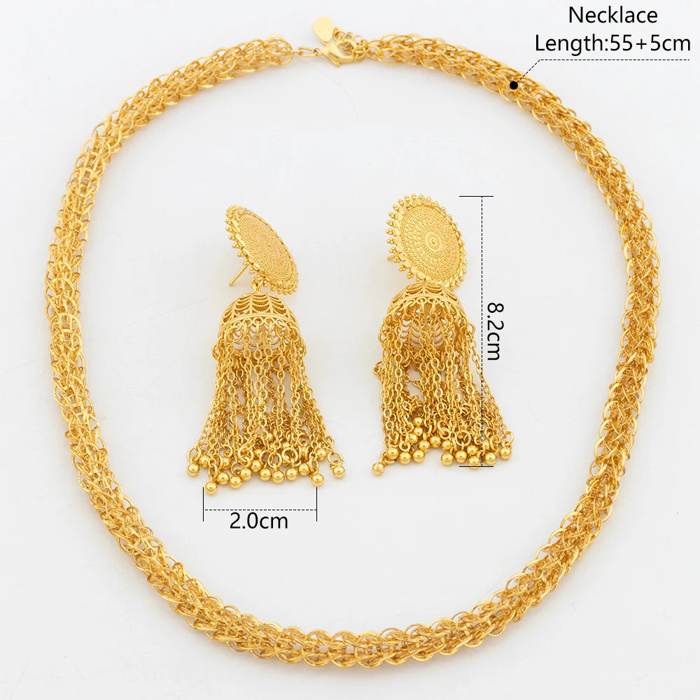 African Chain 60cm Dubai Gold Color Necklace Long Tassel Earrings Party Jewelry Set