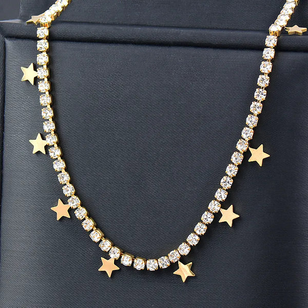 Stainless Steel Star Necklace For Women Gold Color Cubic Zirconia Chain On The Neck