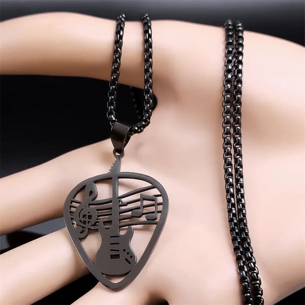 Music Note Guitar Pick Necklace for Women/Men Stainless Steel Black Color Punk Rock Chain Necklaces