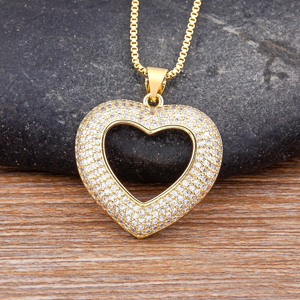 Top Quality 4 Colors Heart-Shaped Hollow Crystal Zircon Pendant Gold Chain Necklace Women