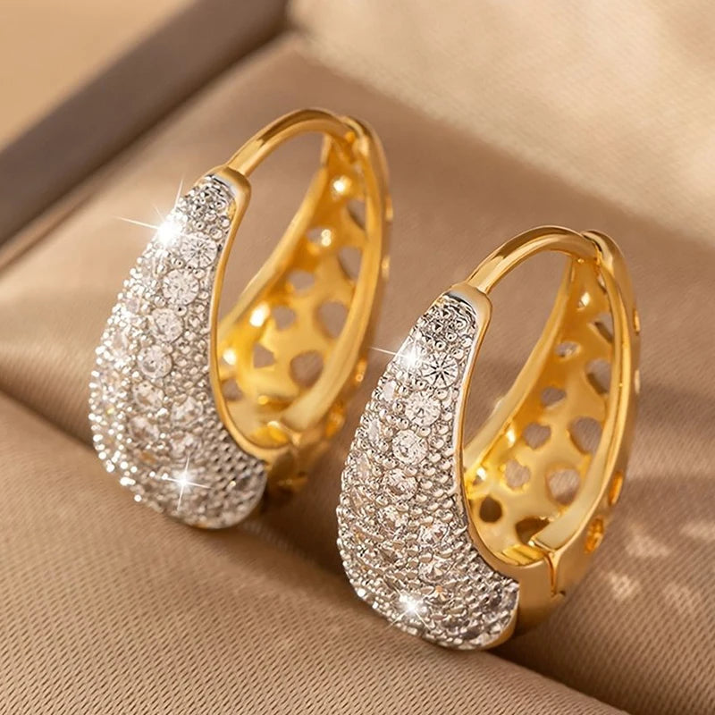 Crystal Zirconia Hollow Fashion Gold Color Hoop Earrings for Girls Women