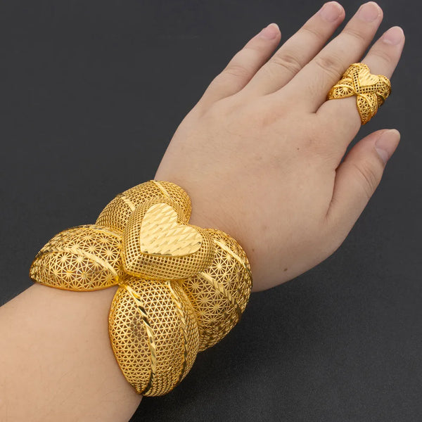 Arab Luxury Gold Plated Bracelet Ring Copper Large Bangle Jewelry Set for Women