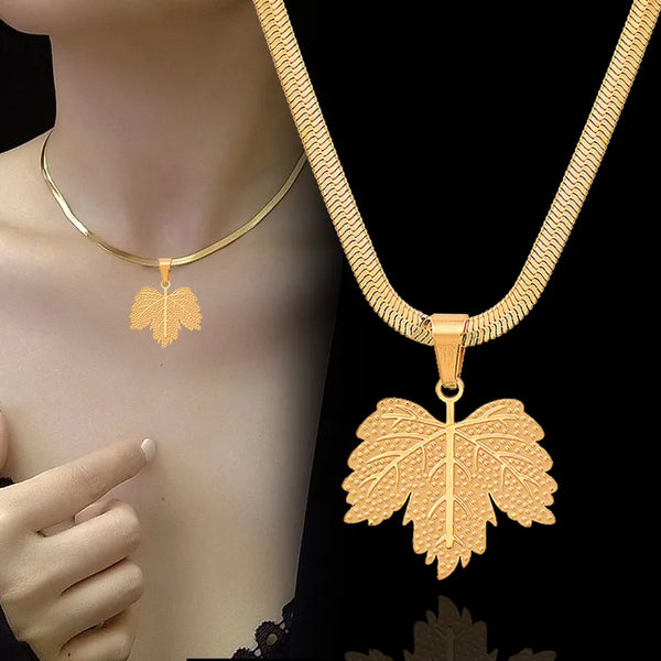 Stainless Steel Maple Leaf Pendant Snake Choker Necklace Chain For Women