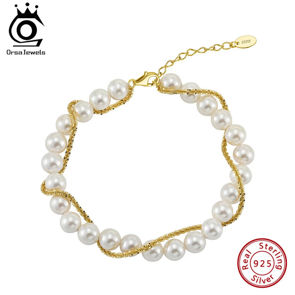 Vintage Minimalist Round Pearls Chain Bracelet 925 Silver Double Chain Bracelet