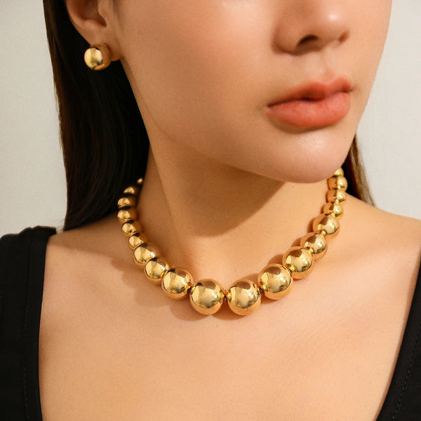 2Pcs Exaggerated Gold Color Big Beads Necklace Stud Earrings for Women