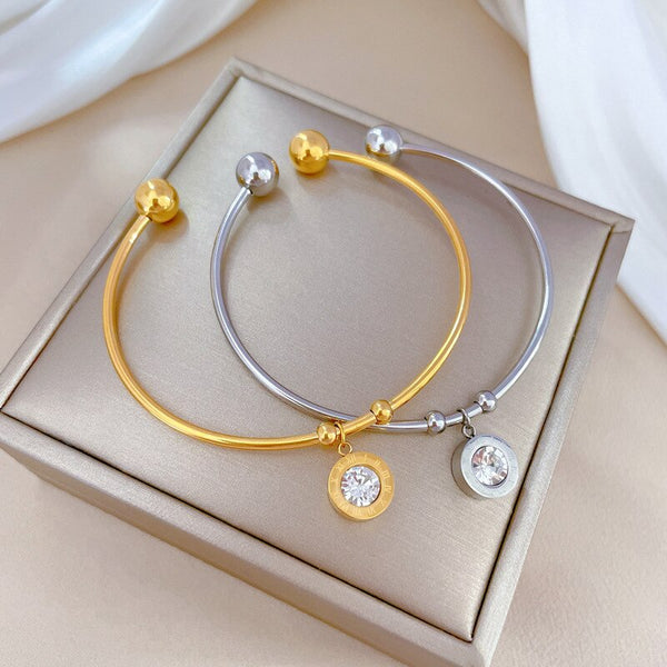 Gold Plated Roman Number Geometric Rhinestone Open Bangle  Bracelet For Women