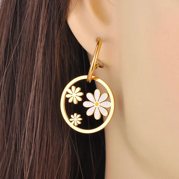 Fashion Stainless Steel Enamel Flower Hoop Earrings For Women