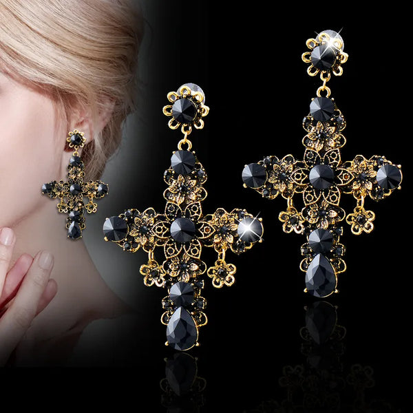 Vintage Black Cubic Zirconia Big Cross Drop Earrings for Women