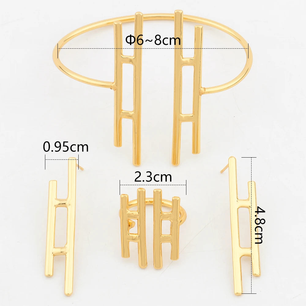 Jewelry Sets For Women 45CM Gold Color Necklace Cuff Bangles H Letter Earring Adjustable Ring