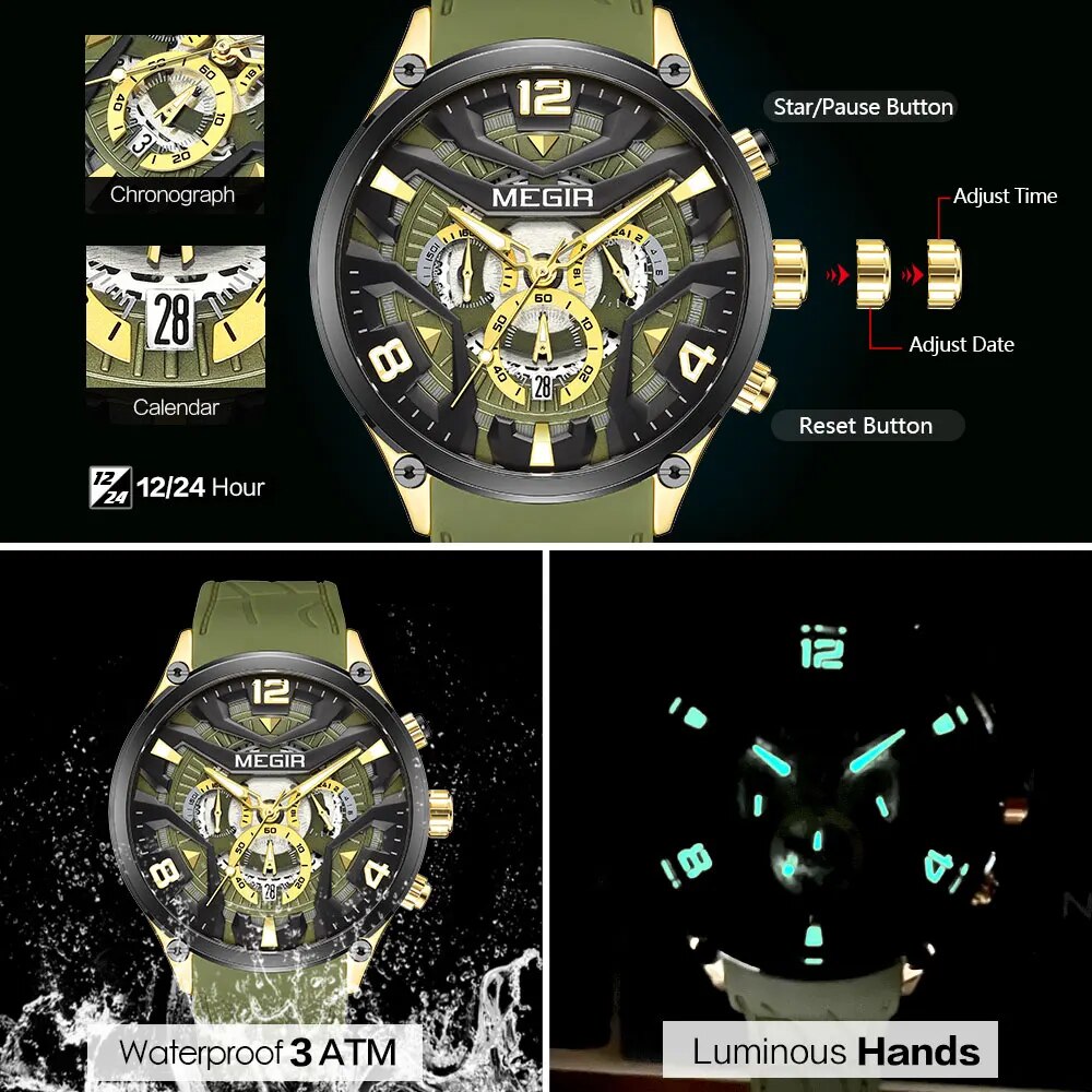 Olive Green Sport Watch Men Fashion Silicone Strap Waterproof Chronograph Quartz Wristwatch