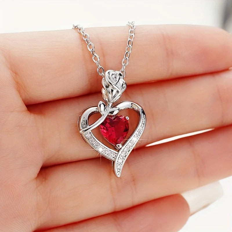 Luxury Red Zircon Heart Necklace With Rose Gift Box For Girlfriend Birthday Christmas Valentine Gifts