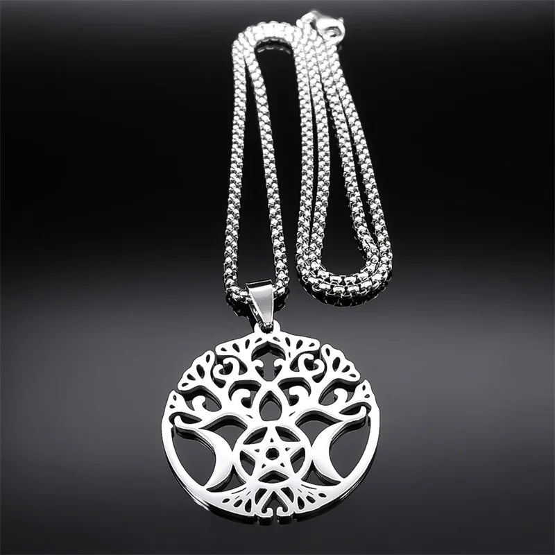 Stainless Steel Wicca Triple Moon Goddess Tree Of Life Necklace